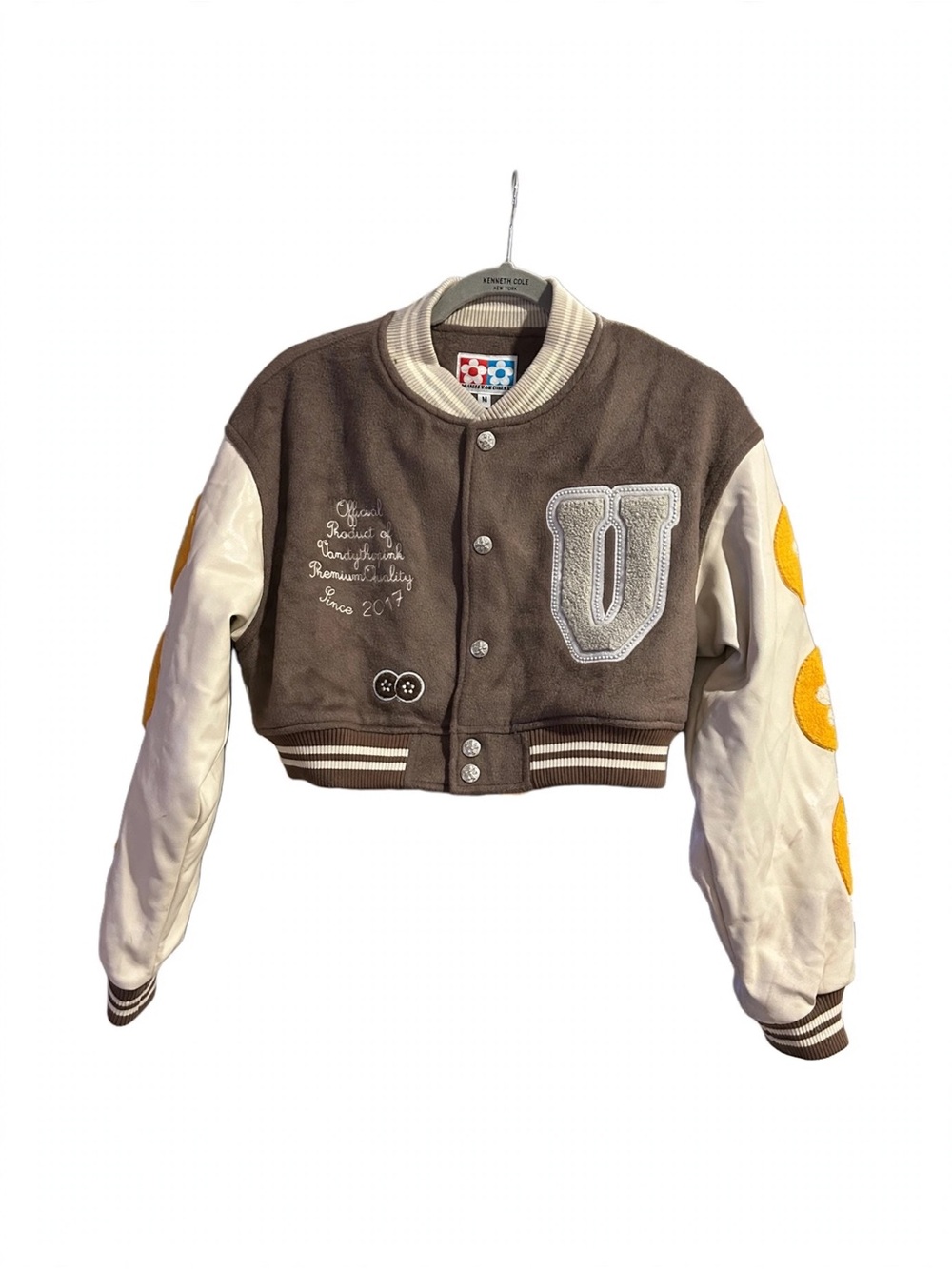 Vandy The Pink Varsity Jacket Brown Cream Chenille Flower Patches Size Medium